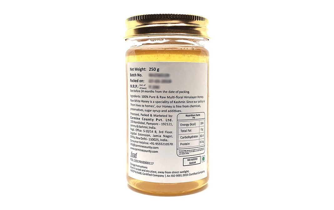 Carmine County Raw White Honey    Glass Jar  250 grams